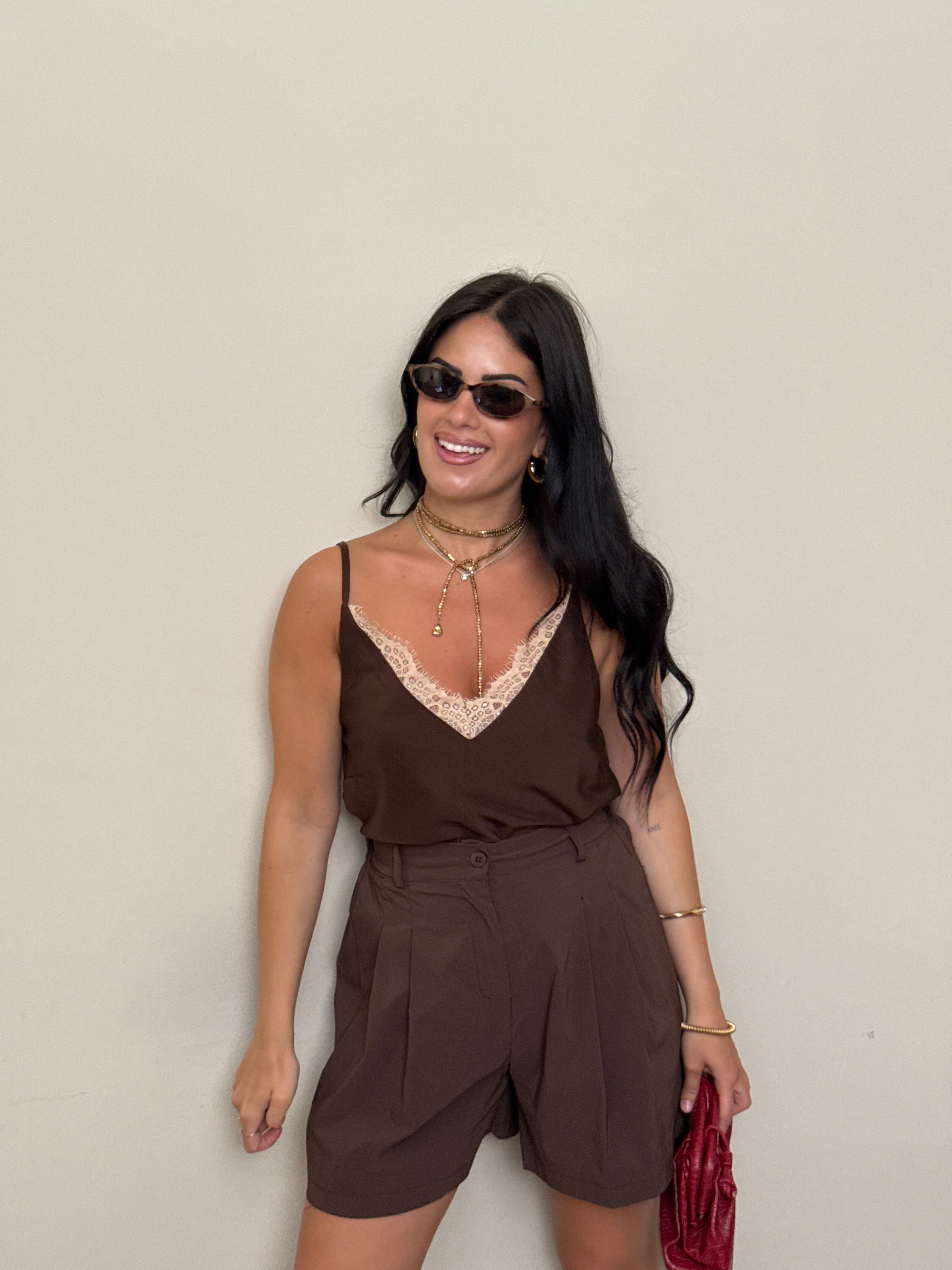 Canotta satin pizzo cioccolato