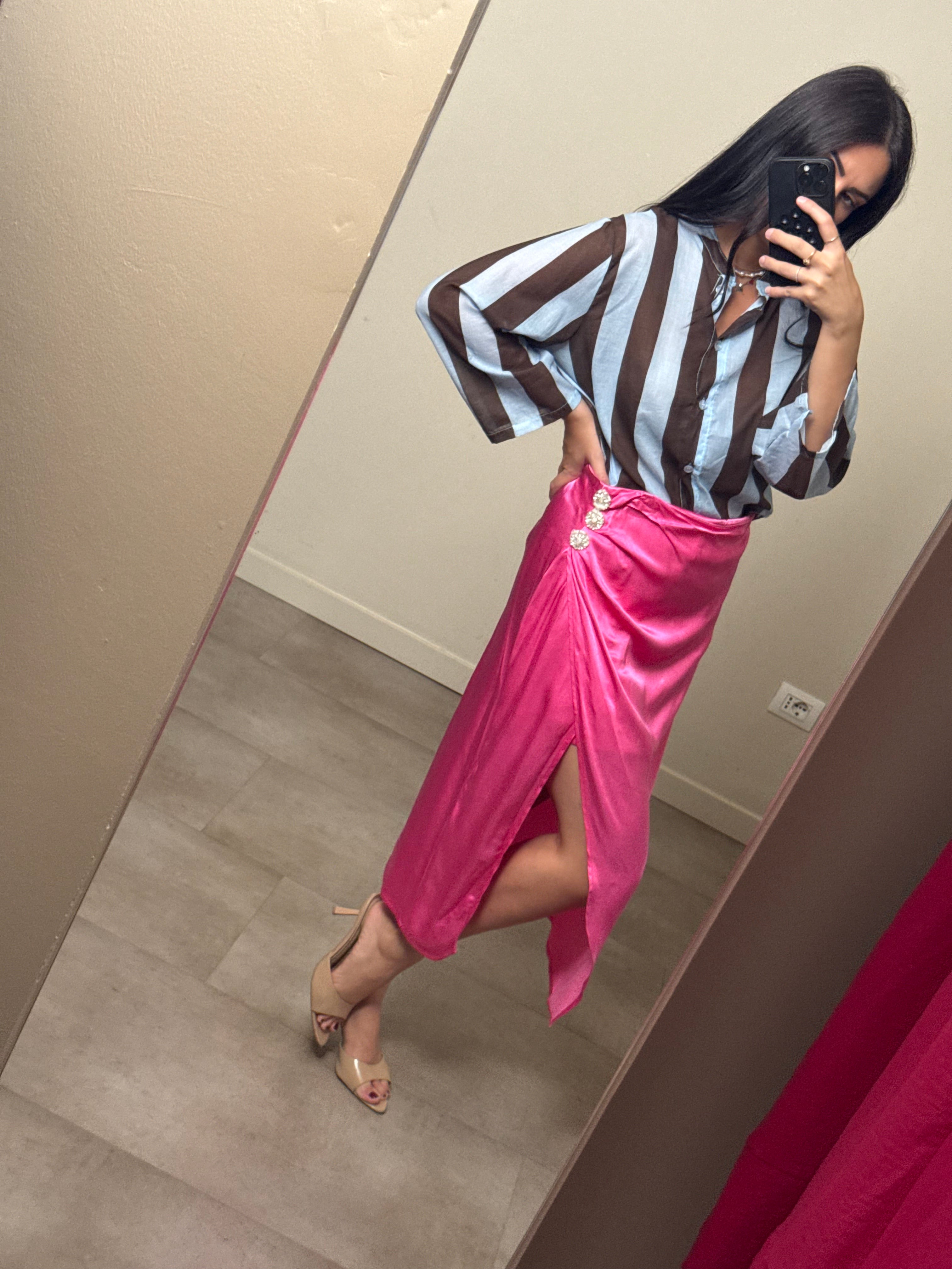 Gonna midi satinata fucsia Lumina