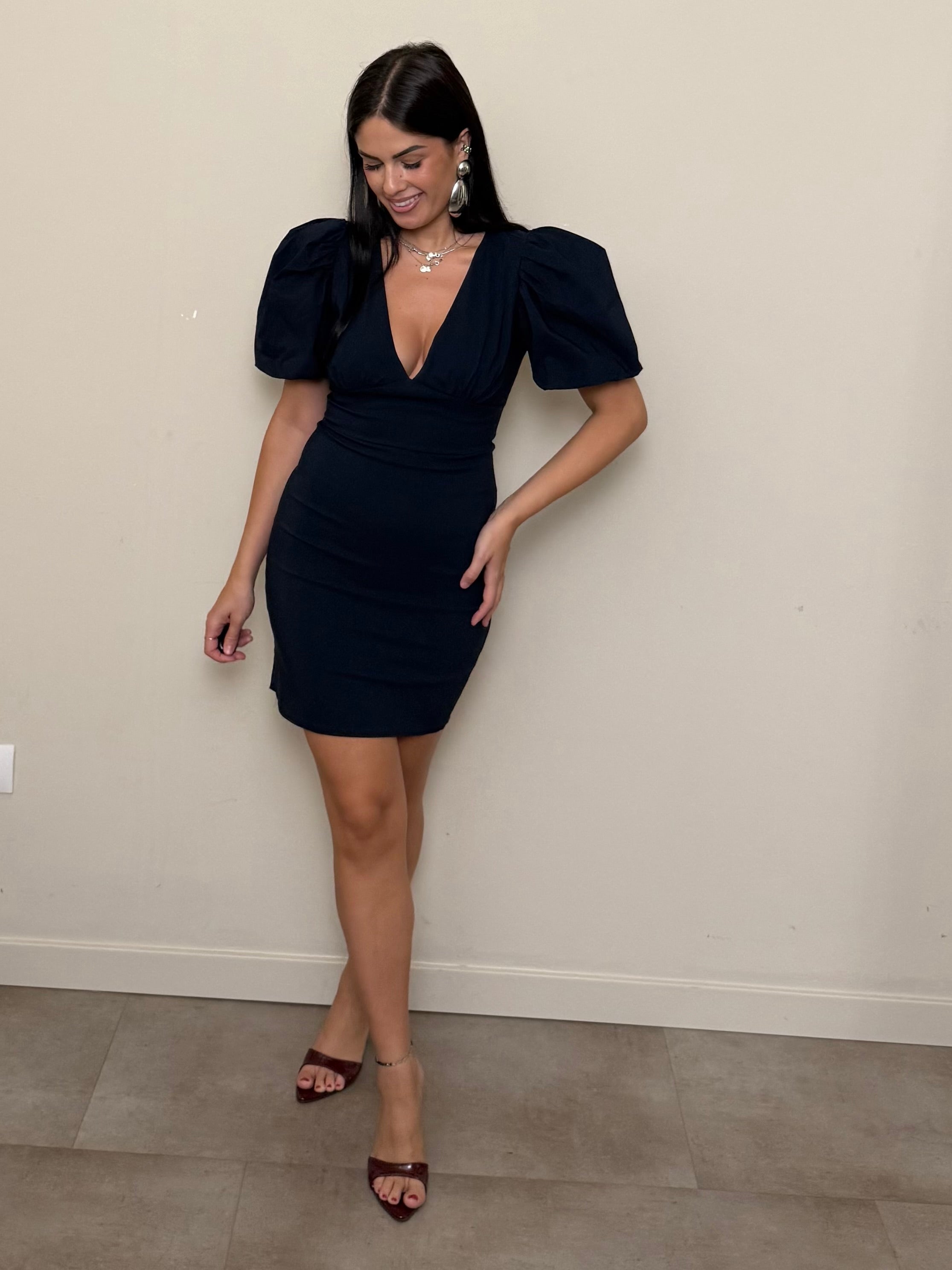 Mini dress maniche a sbuffo blu