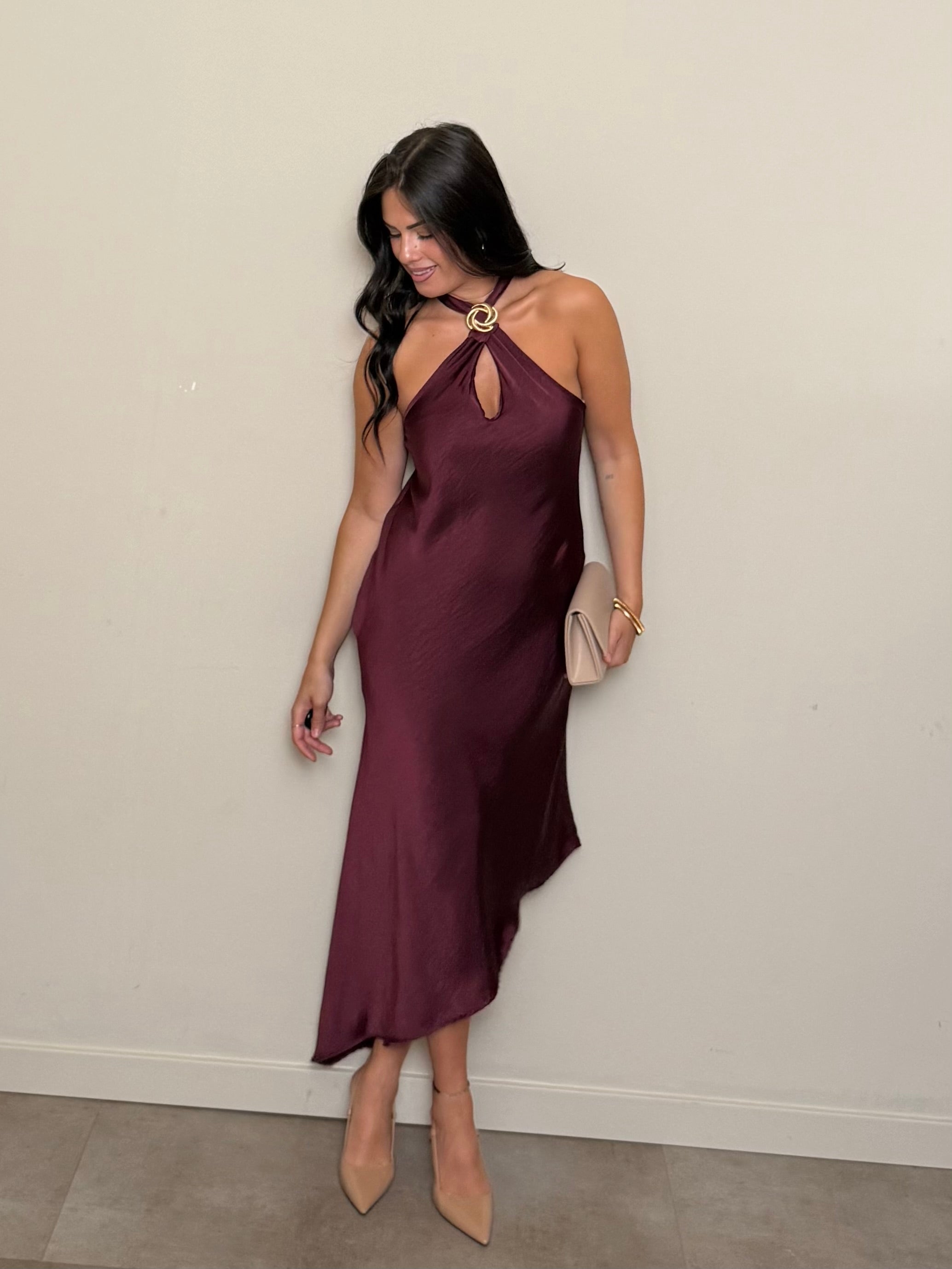 Abito satin asimmetrico bordeaux