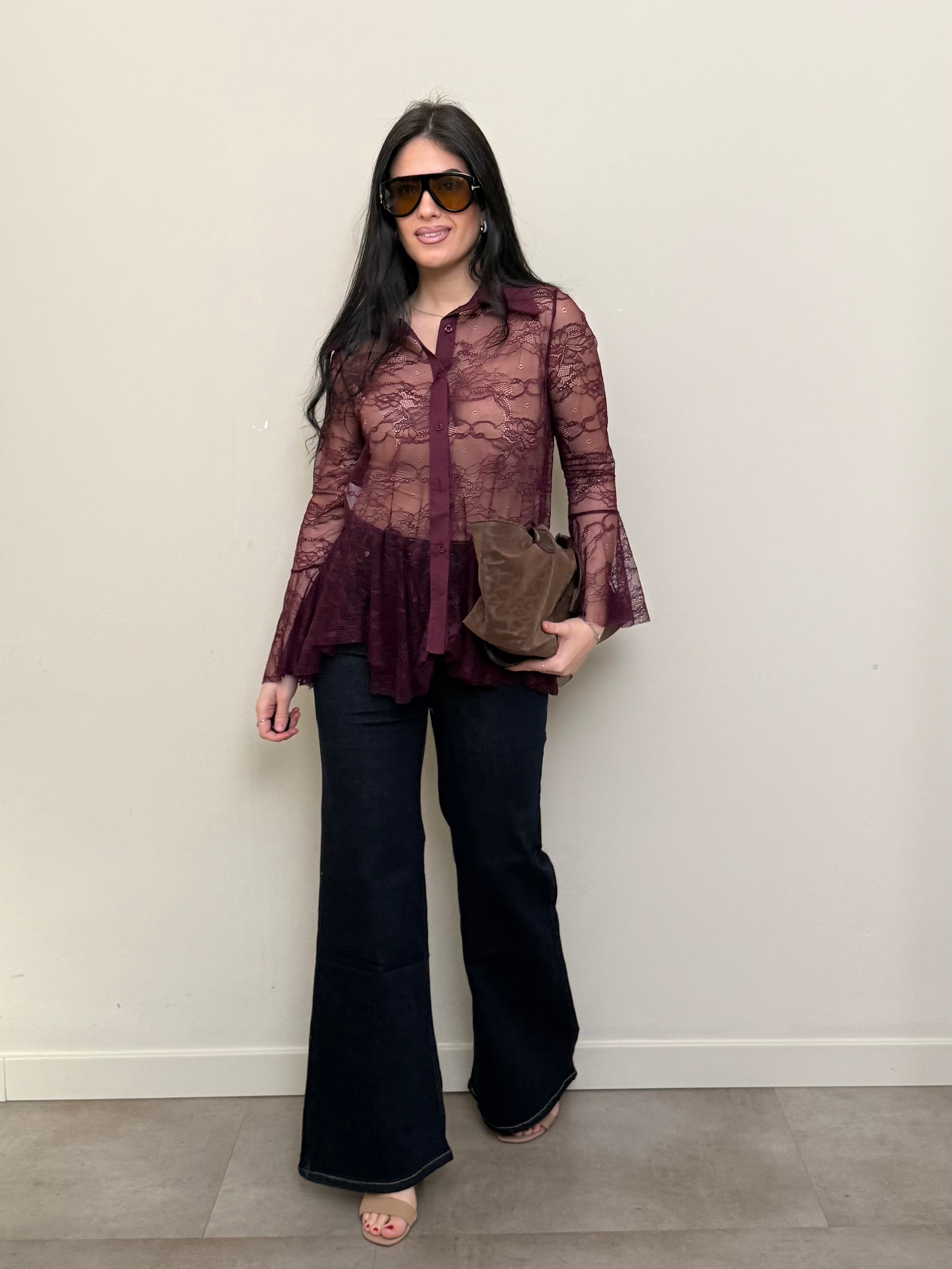 Camicia di pizzo bordeaux