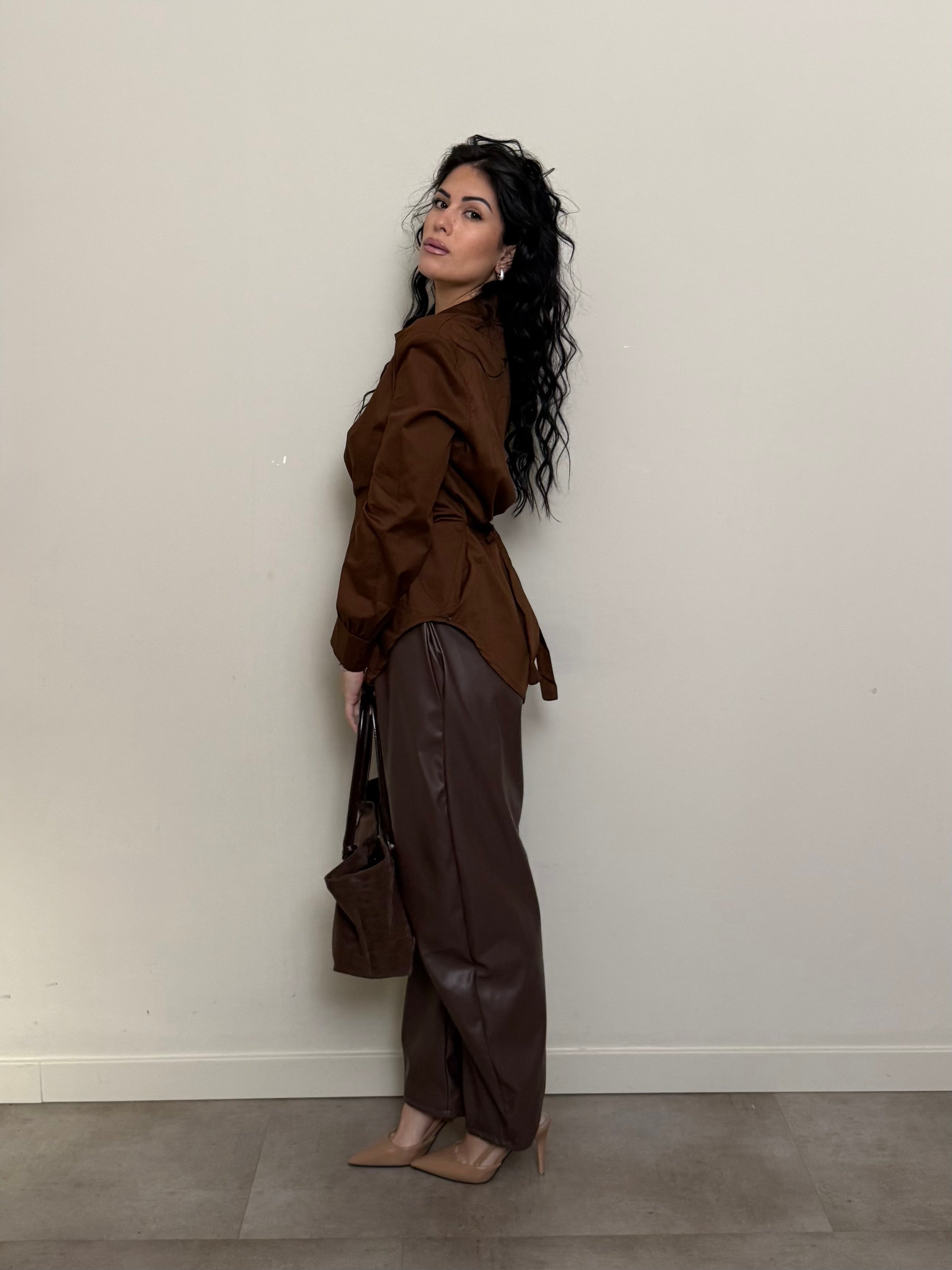 Pantalone baggy ecopelle cioccolato