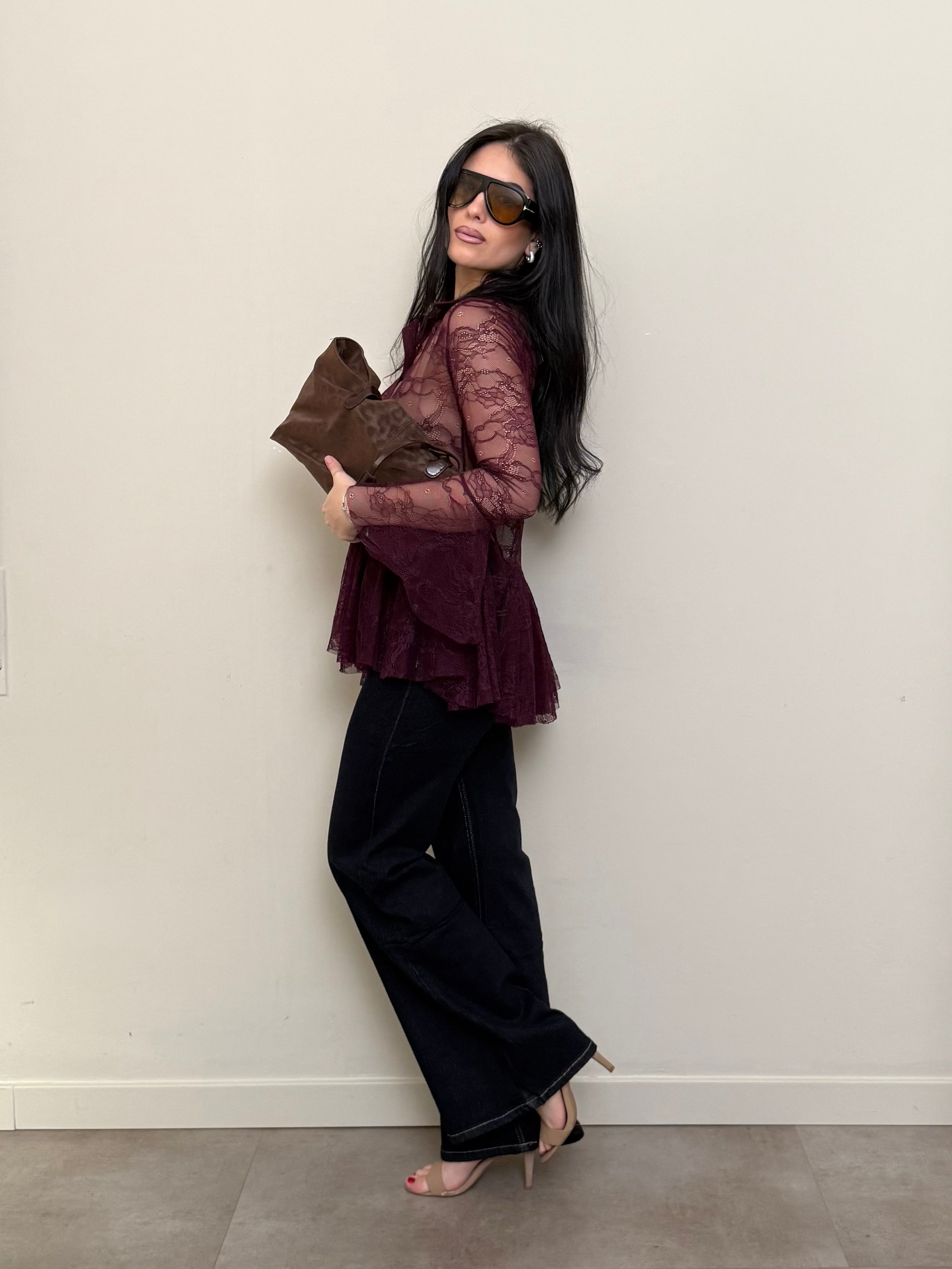 Camicia di pizzo bordeaux