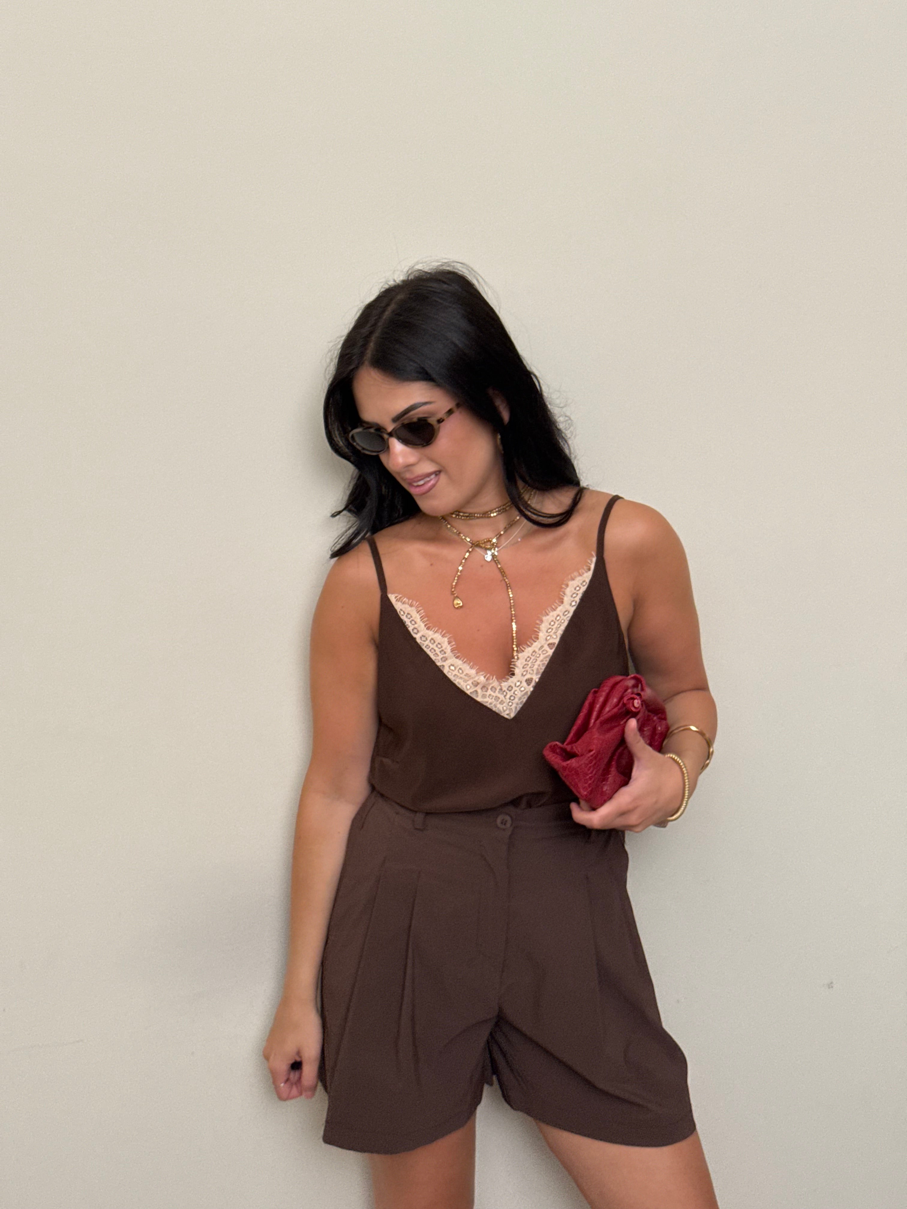 Canotta satin pizzo cioccolato