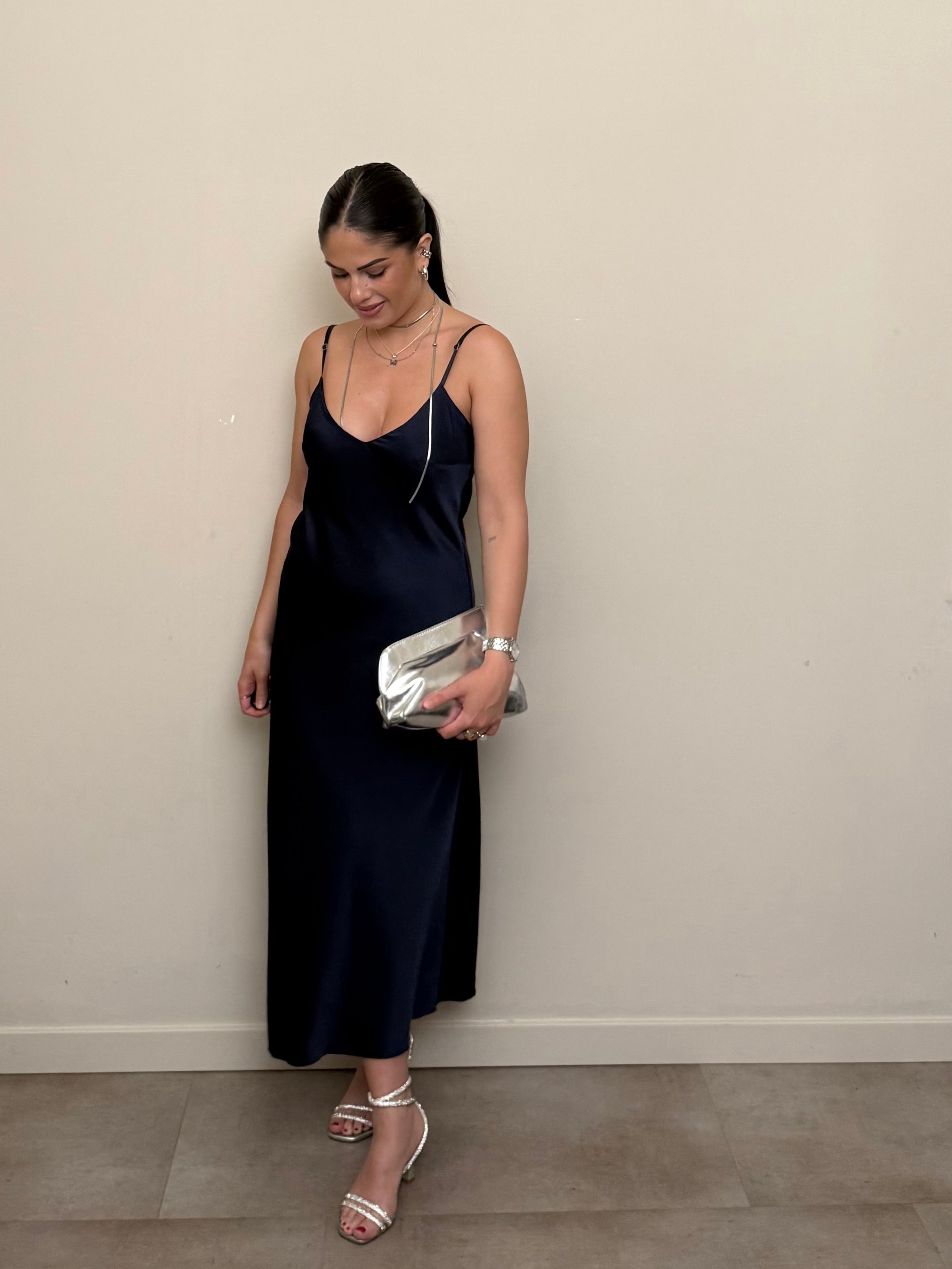 Abito satin bretella blu