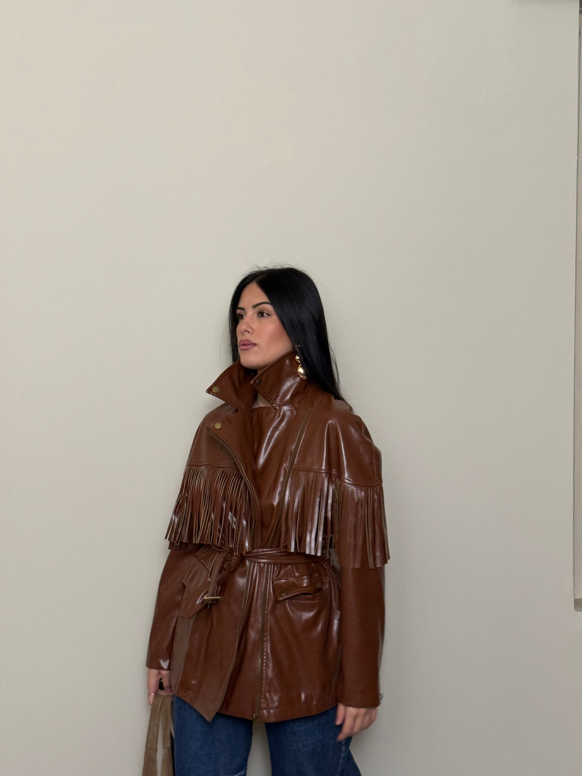 Trench frange cuoio