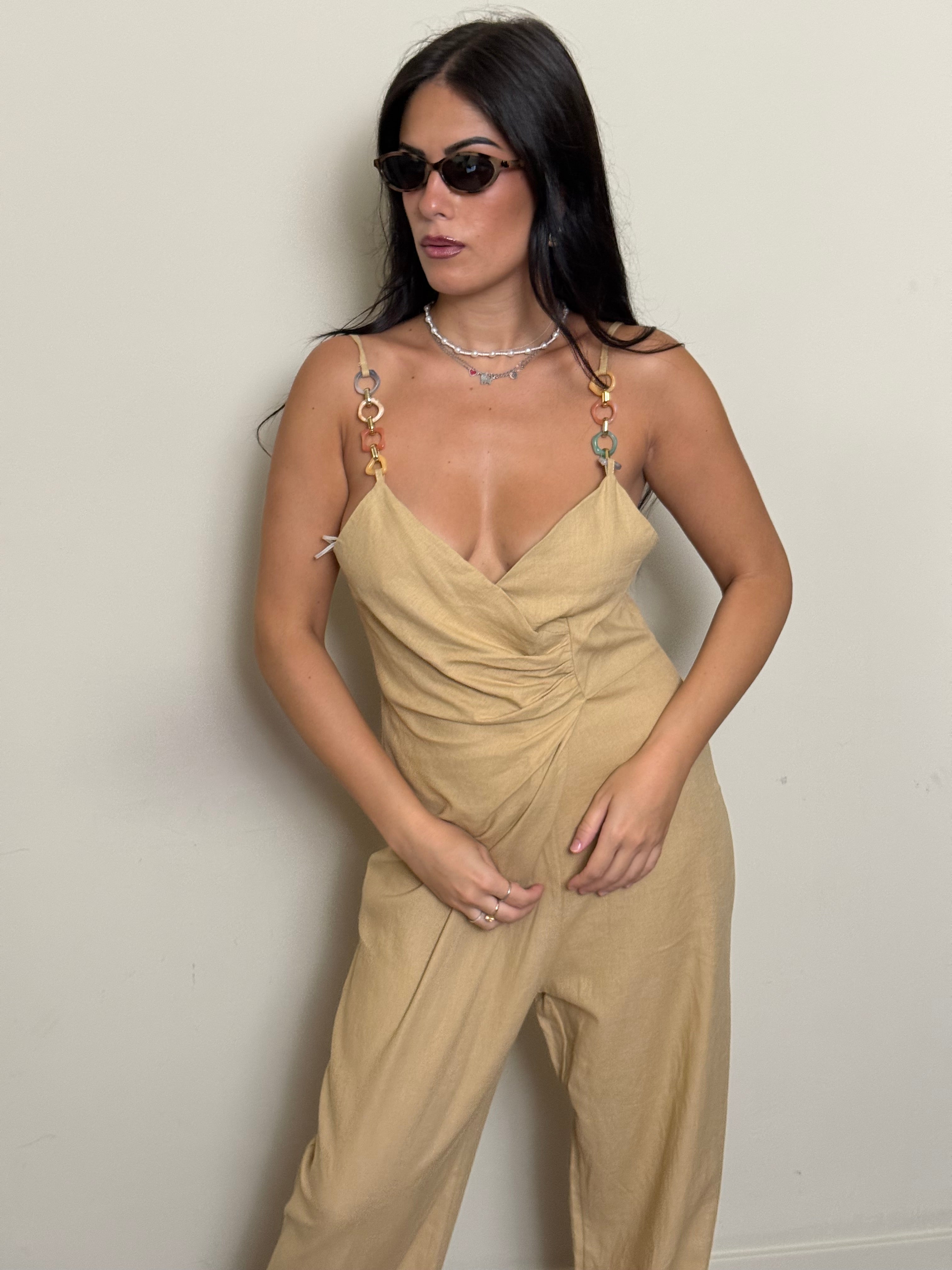 Jumpsuit lino e viscosa cammello