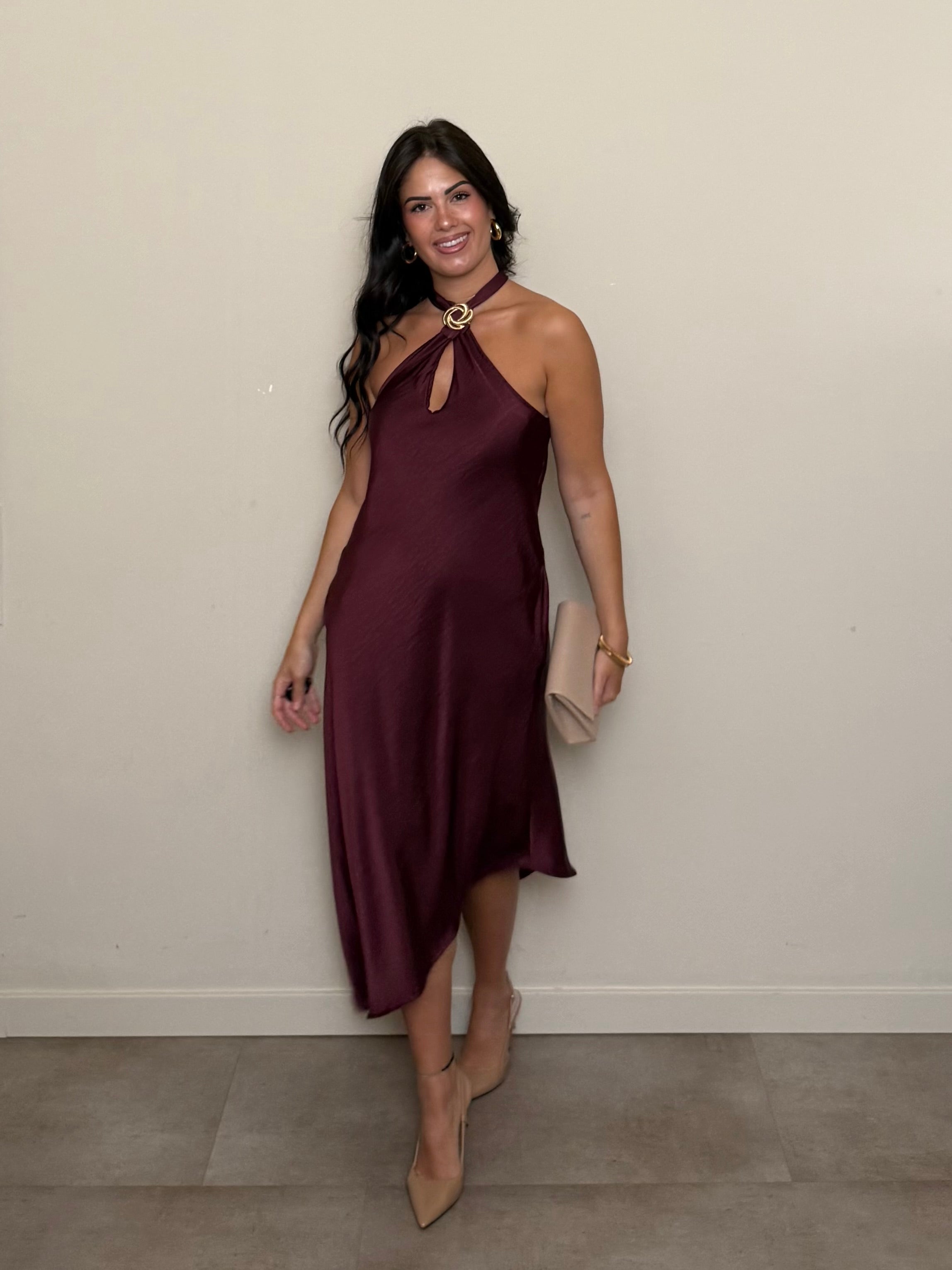 Abito satin asimmetrico bordeaux