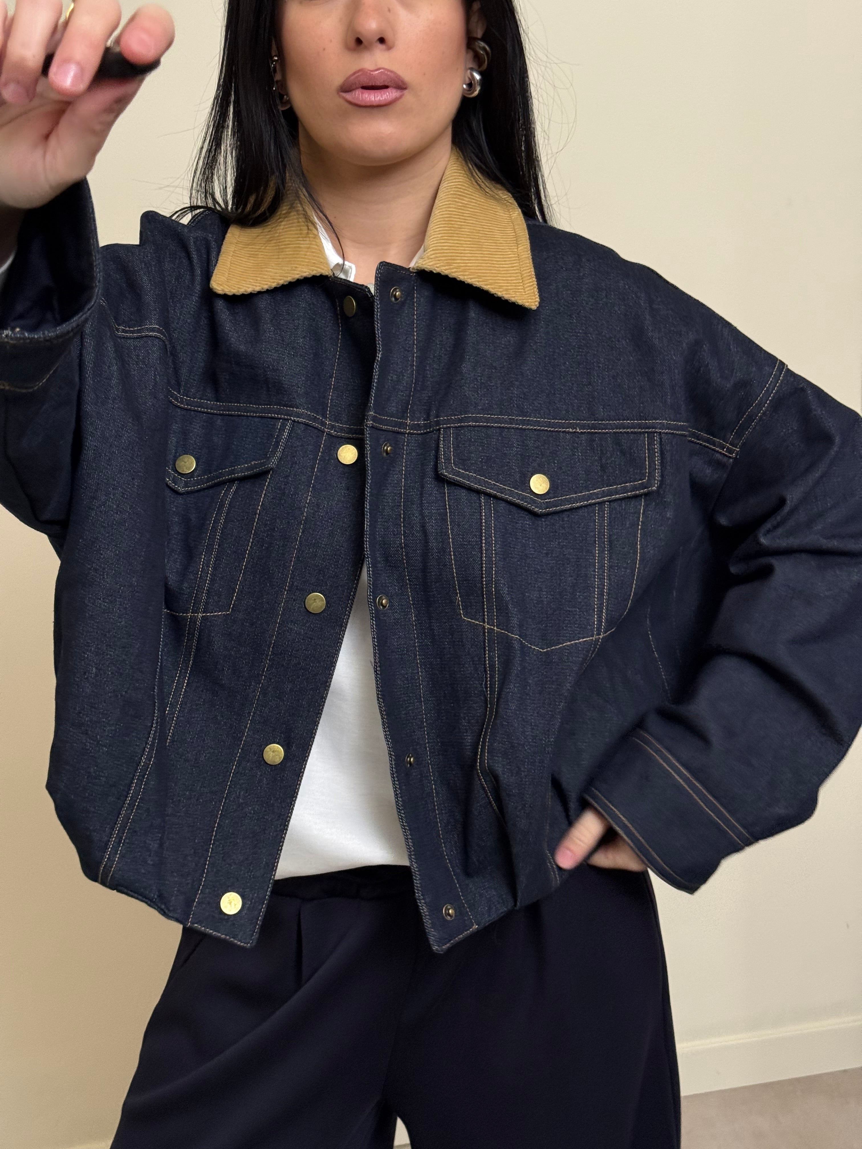 Giacca jeans colletto beige