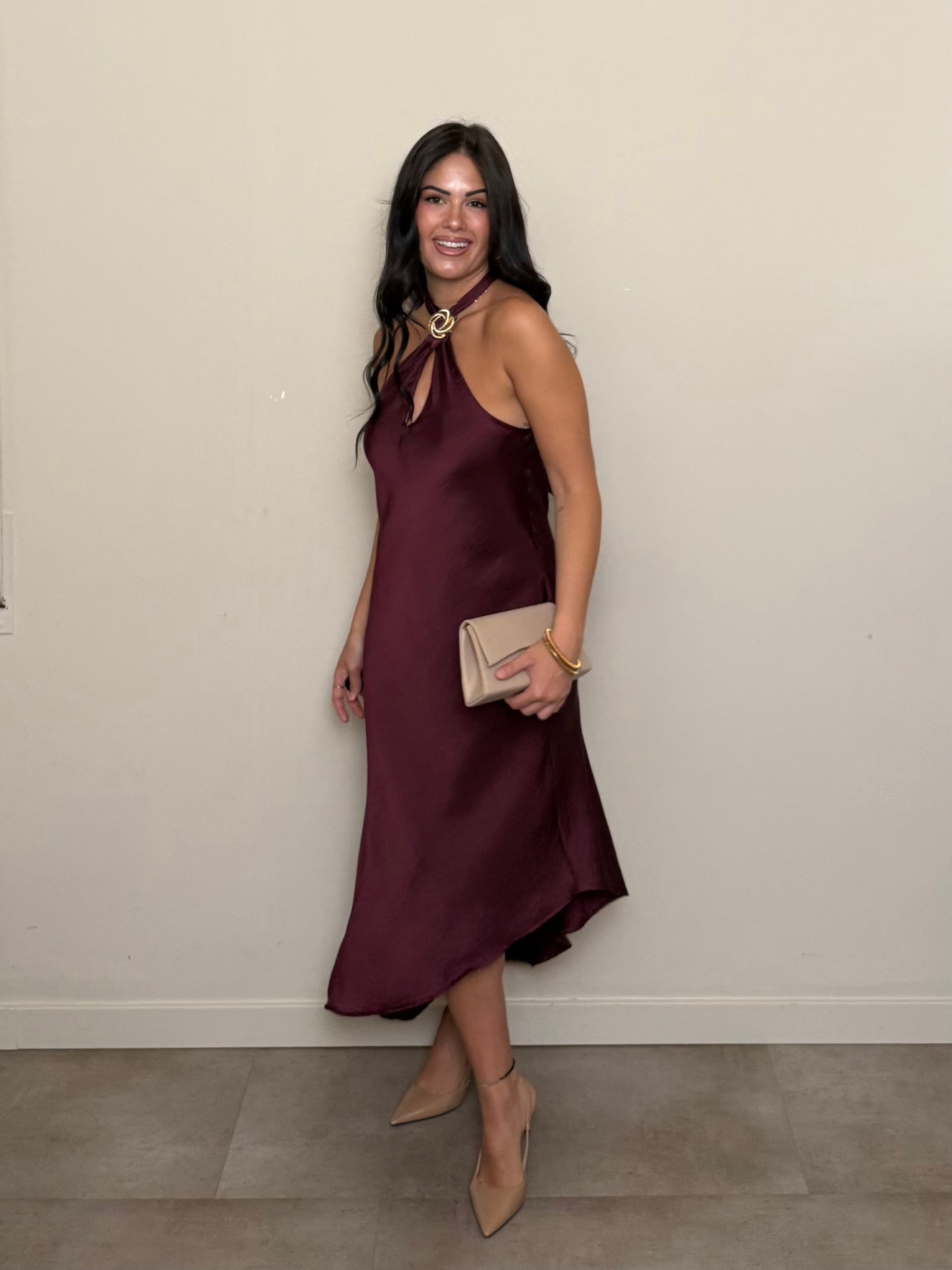 Abito satin asimmetrico bordeaux