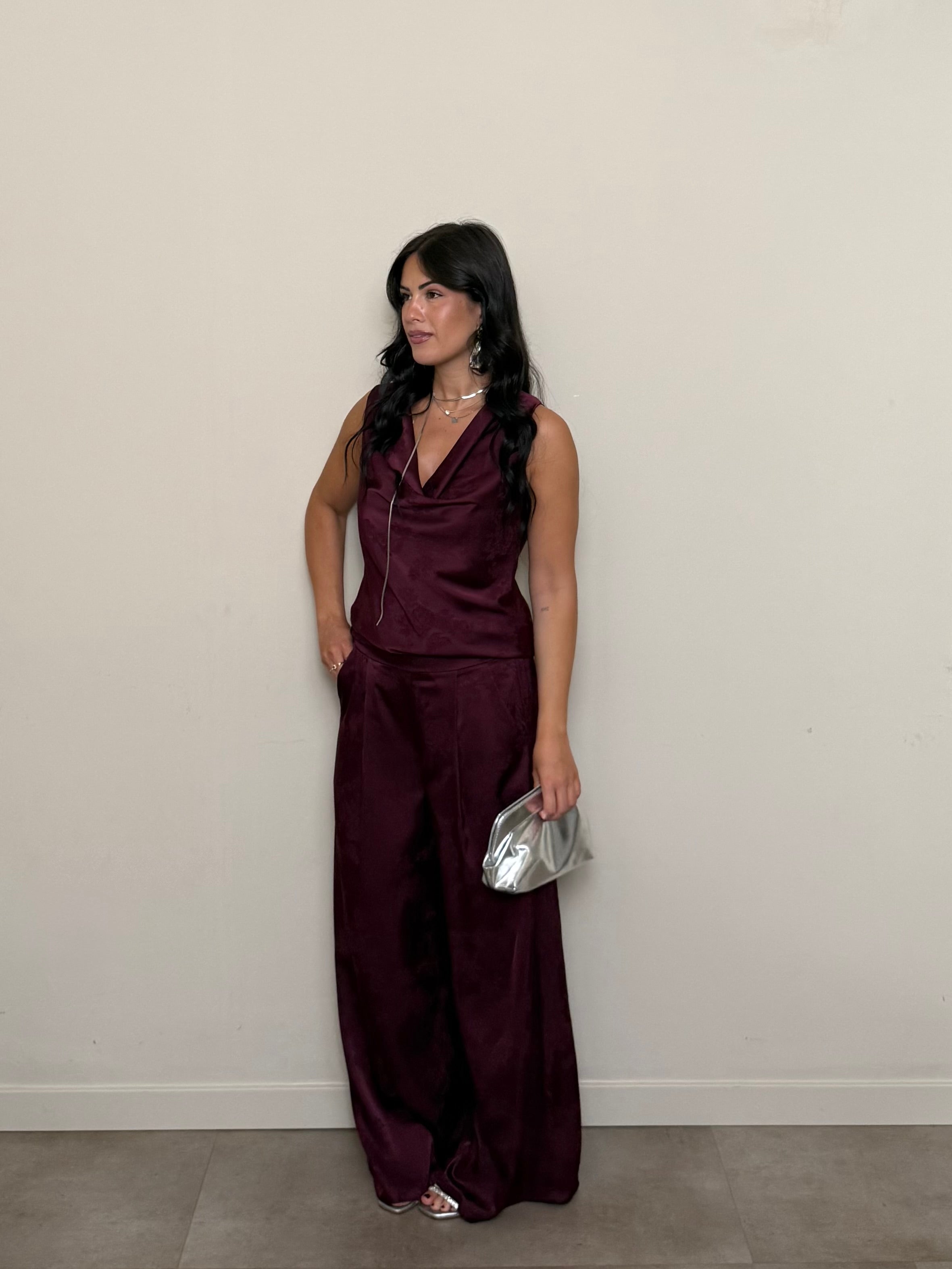 Coordinato satin fiori bordeaux