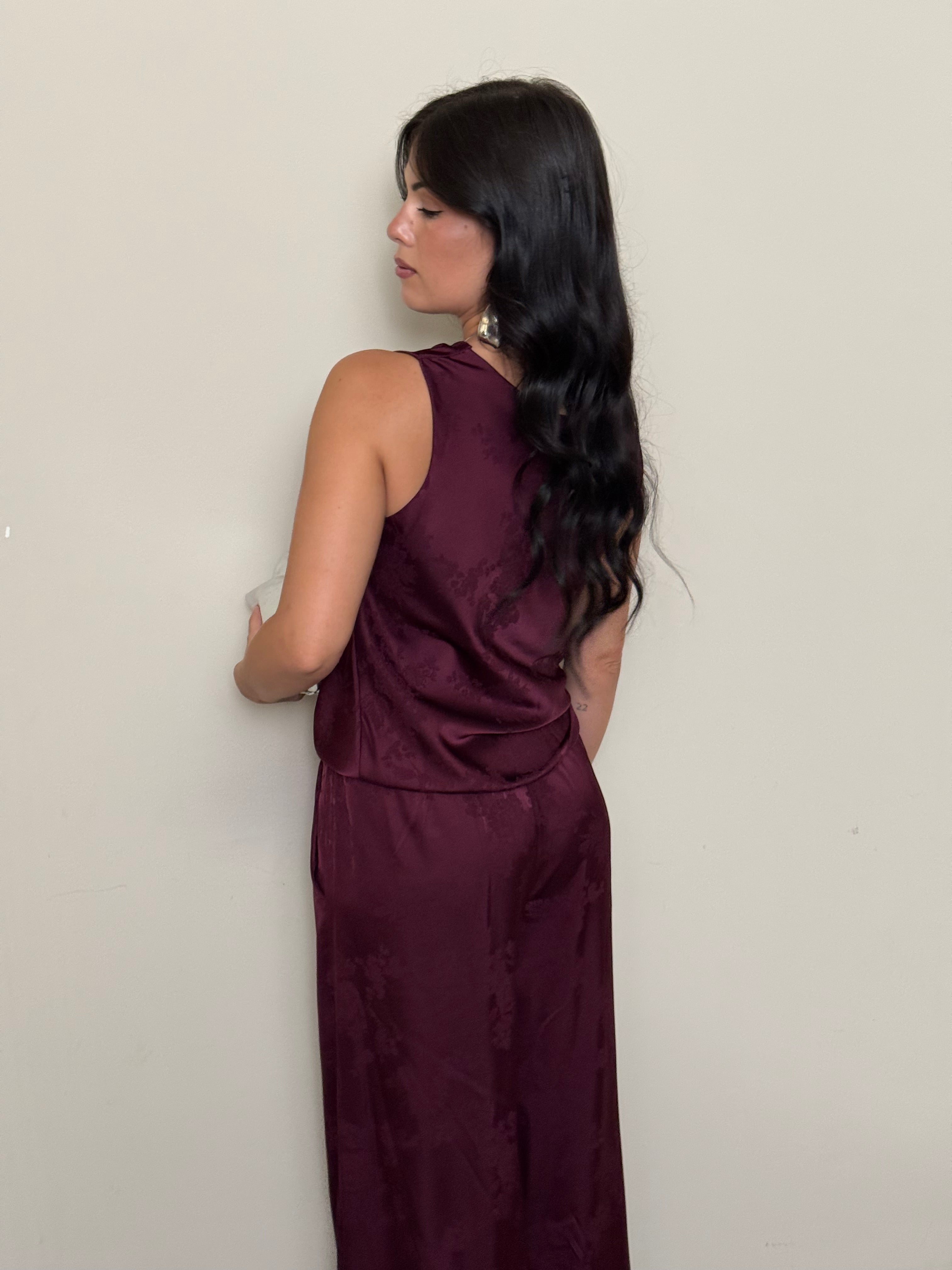 Coordinato satin fiori bordeaux