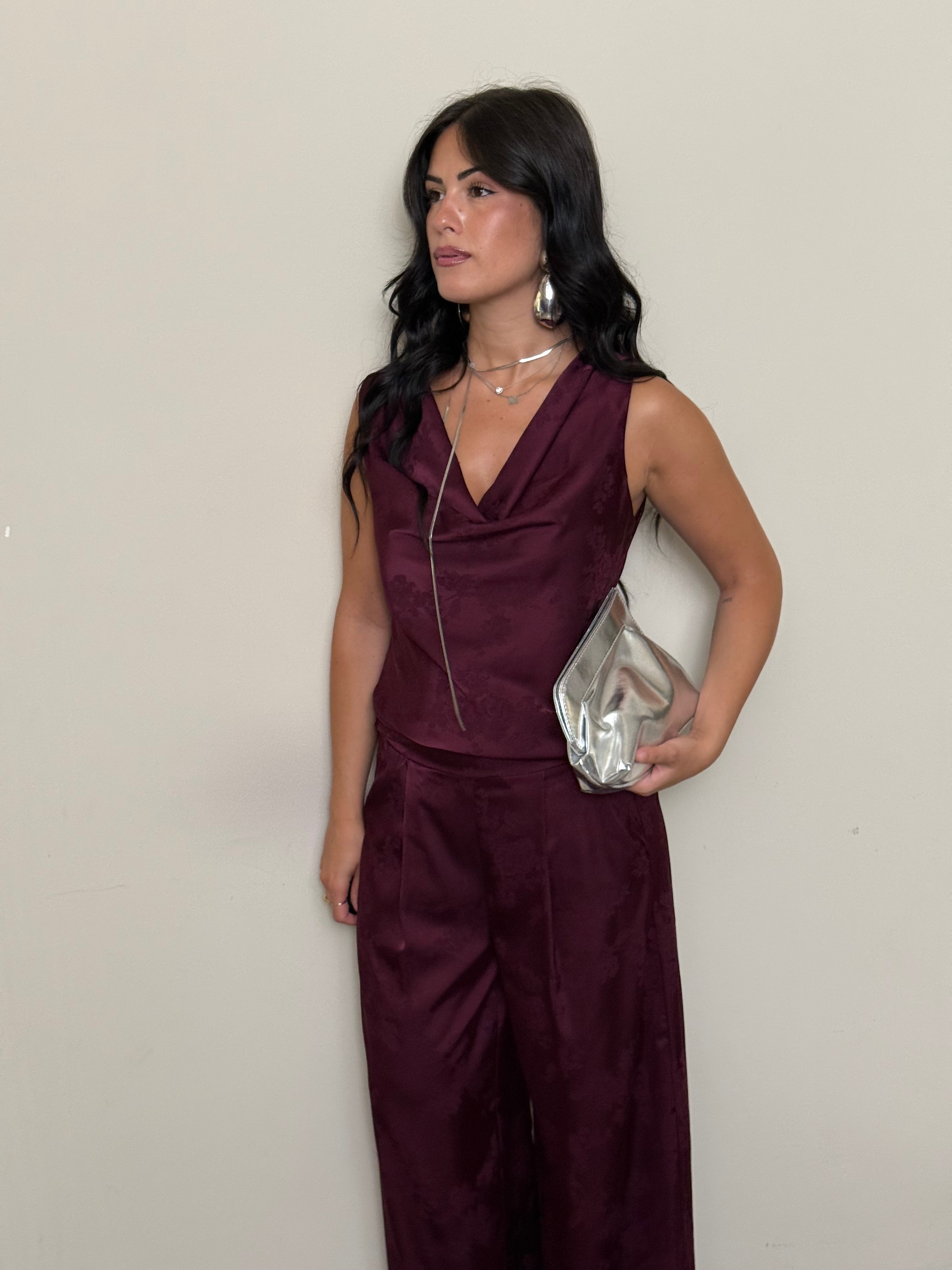 Coordinato satin fiori bordeaux